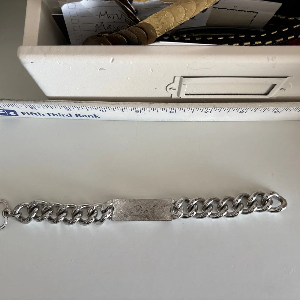 Vintage Speidel ID Bracelet Black‎ Silver Tone Thick Chain Engraved TOM 8.5